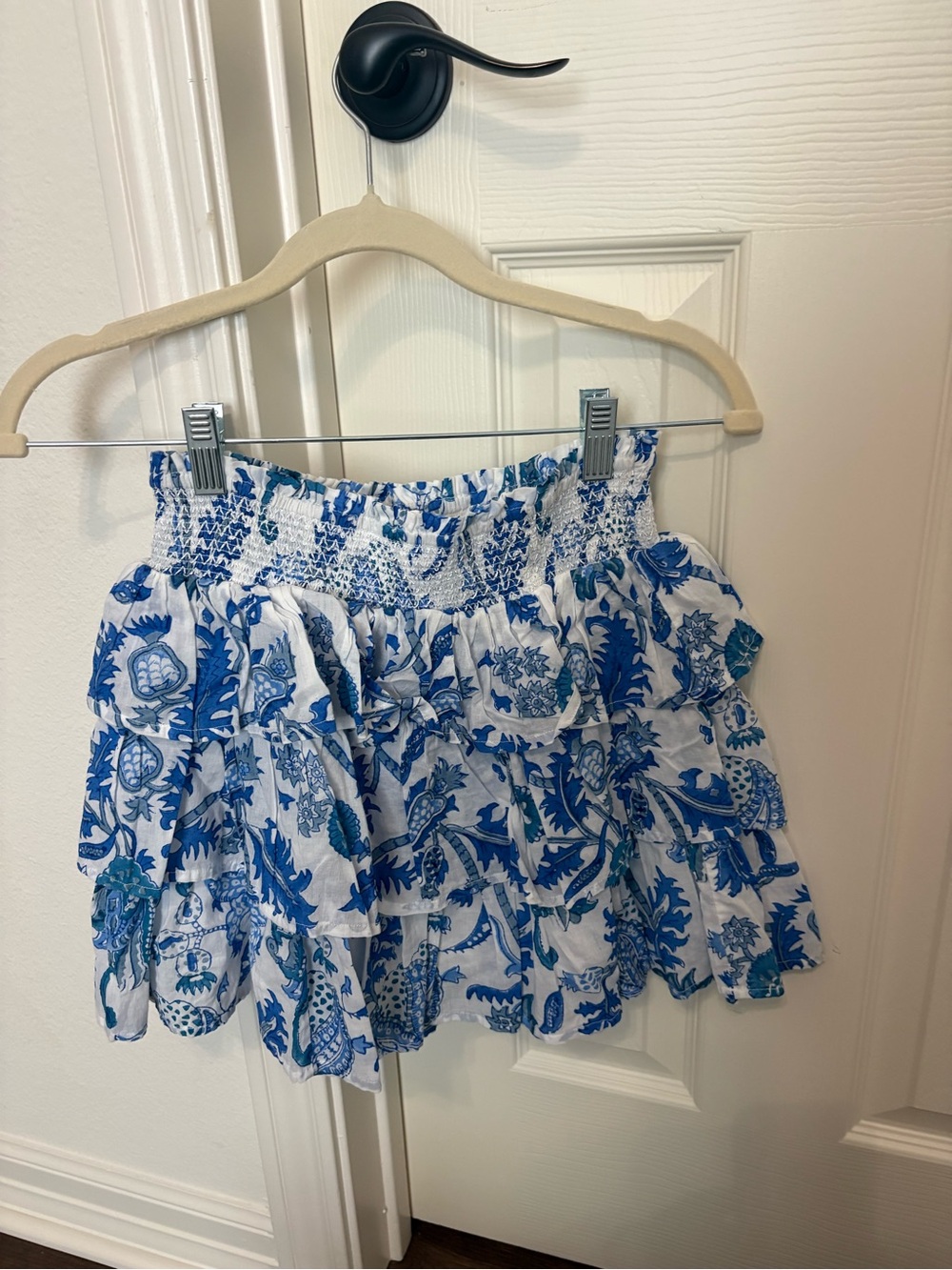 Roller Rabbit White and Blue Floral Smocked Mini Skirt